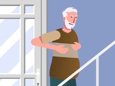Mann mit Diabetes hat Herzbeschwerden auf der Treppe beim Hochgehen.