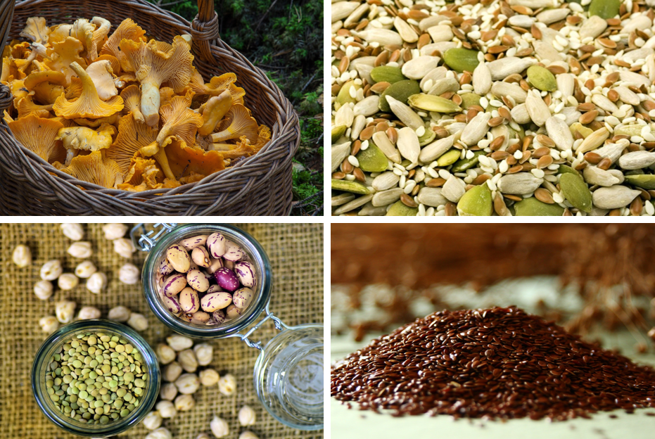 Vegane eisenhaltige Lebensmittel: Pfifferlinge, Kürbiskerne und Sesam, Hülsenfrüchte und Leinsamen